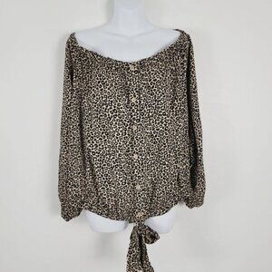 Rayon‎ Animal Leopard Print Tie Front Plus Size Blouse 3X